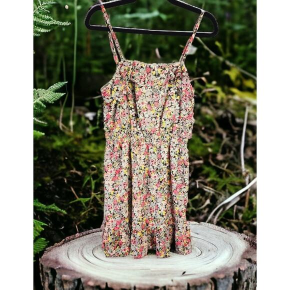 Y2K Pink Floral Chiffon ruffle mini Dress Sz Large Spaghetti Straps Lined chintz - Picture 2 of 12